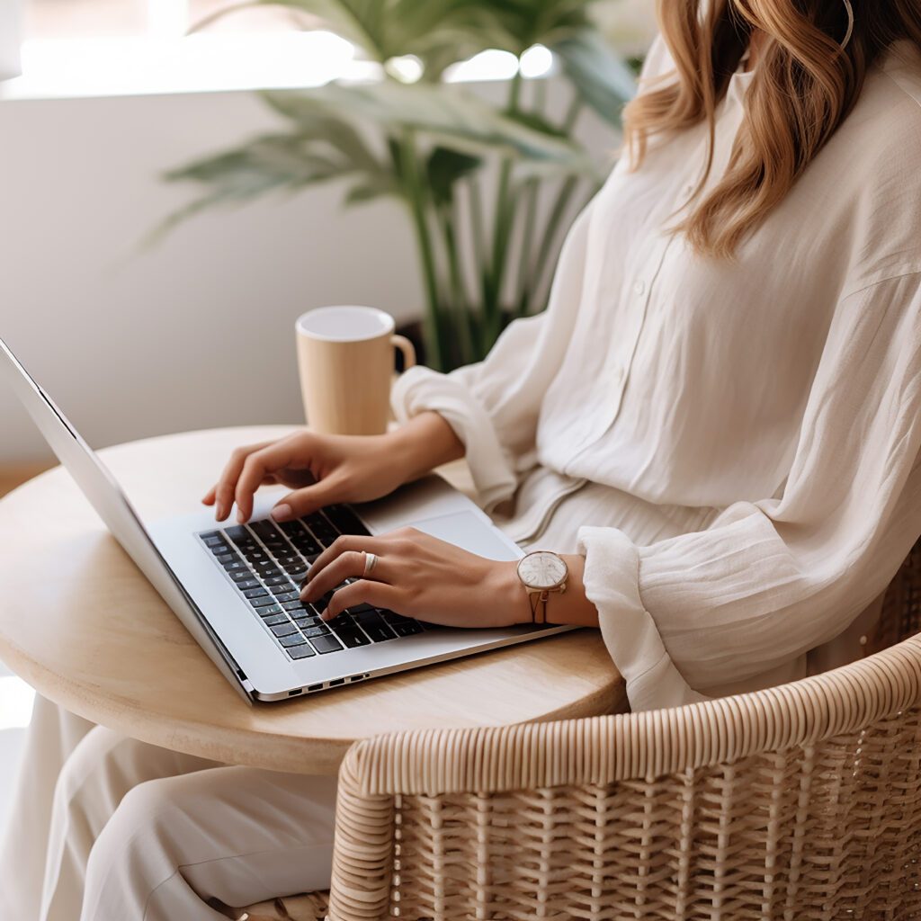 Woman sitting in a wicker chair with a laptop on her lap, working on small business marketing solutions digital marketing and advertising assistant.