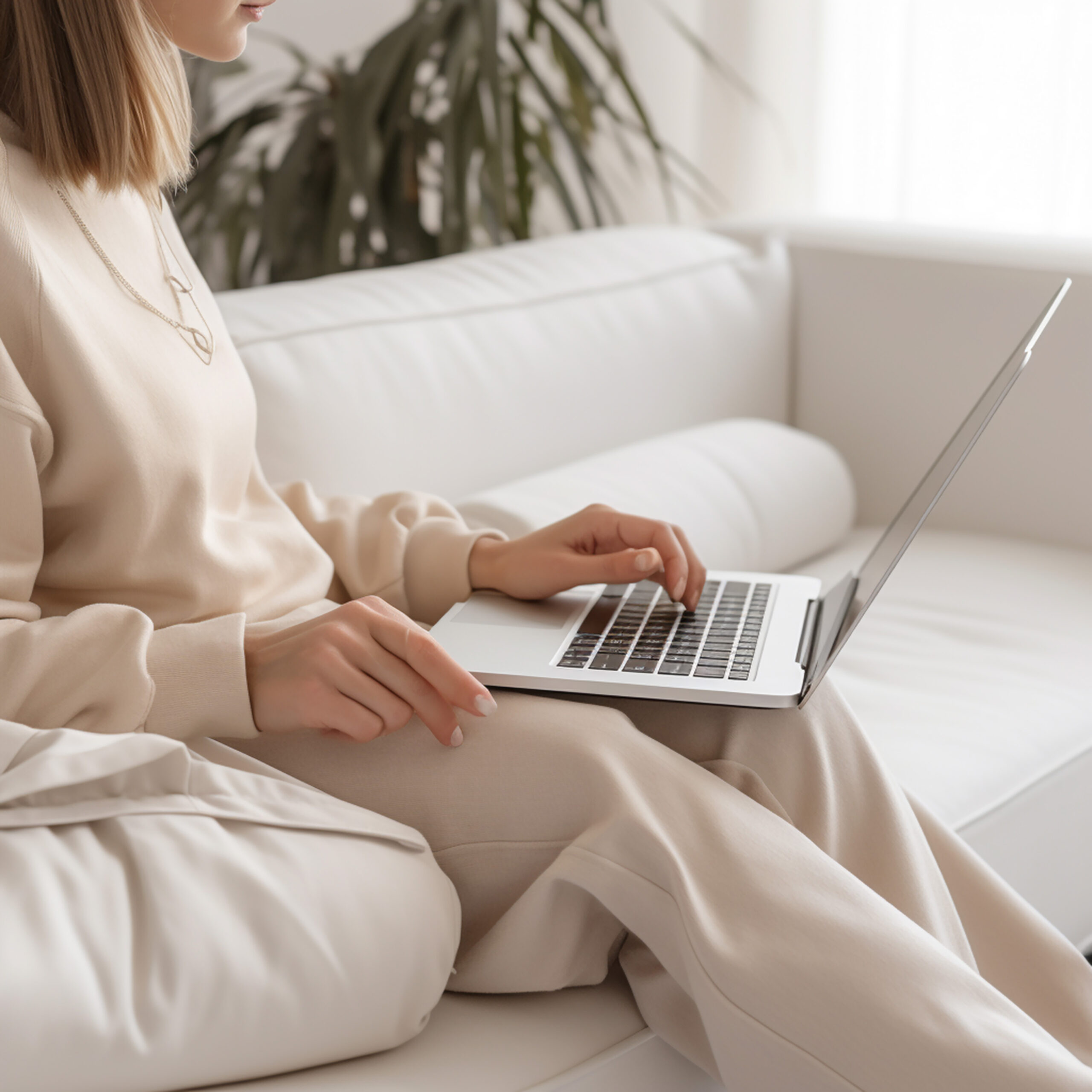 Virtual marketing professional woman in a beige loungeset working on a laptop on small business marketing solutions