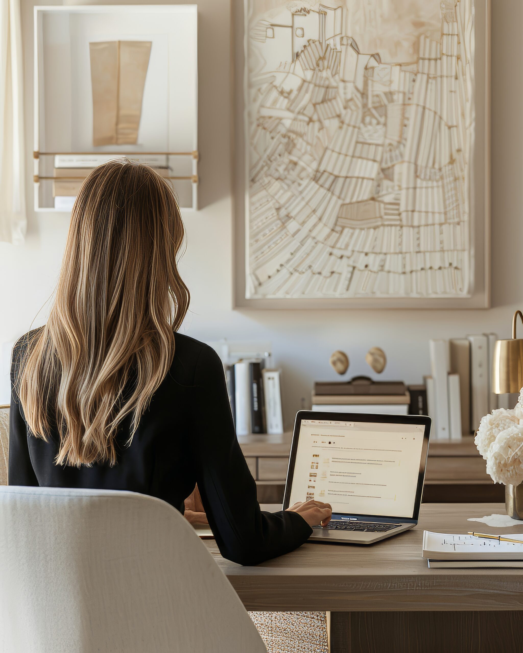 Digital marketing and advertising assistant with long brown hair at a desk with an open laptop, framed pictures and a shelf above.