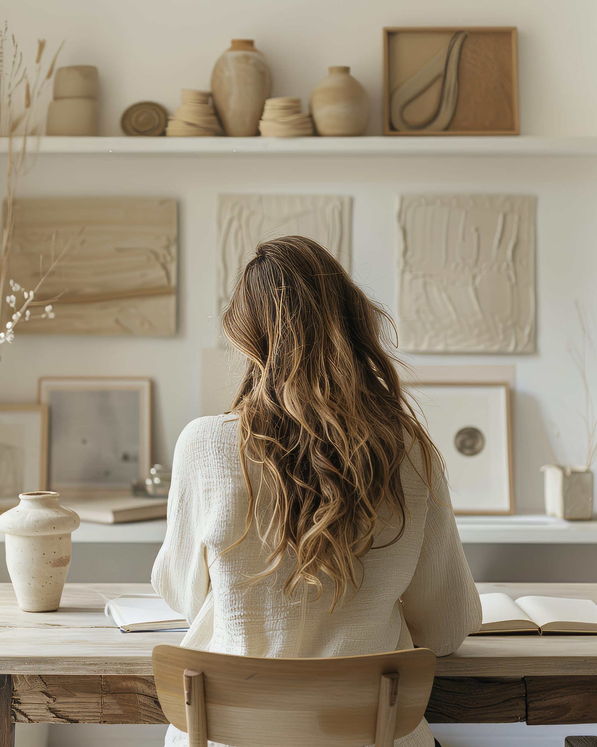 Digital marketing and advertising assistant with light brown hair highlighted with blond, writing in a journal at a desk with framed antique maps above looking at free marketing resources for small businesses.