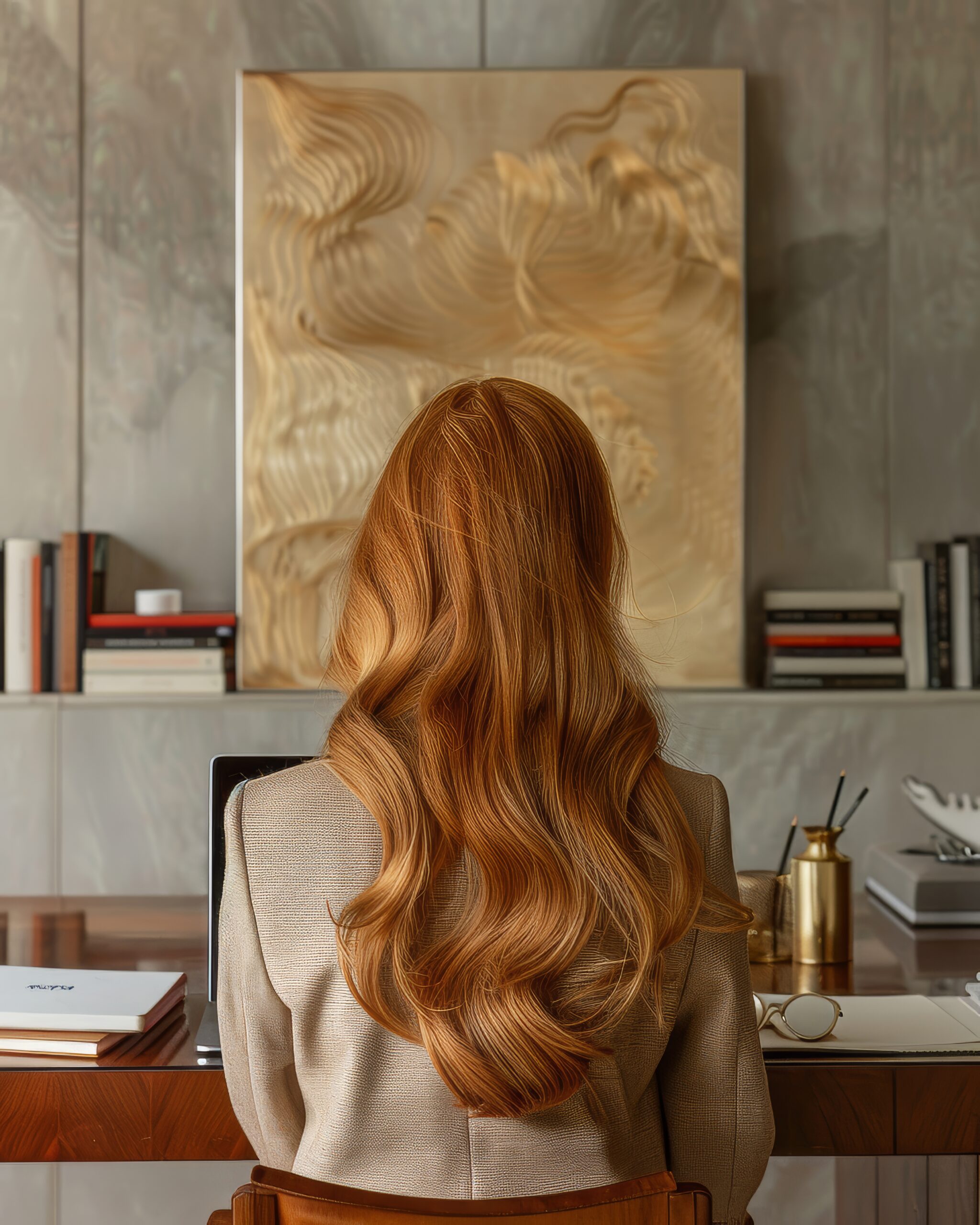 Redheaded digital marketing and advertising assistant in a brown houndstooth blazer working on a laptop, with artistic and literary decor.