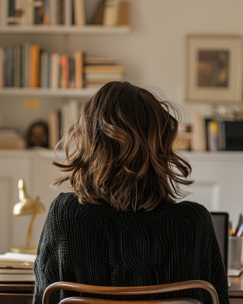 digital marketing and advertising assistant working on a desktop computer, seated with a bookcase in the background.